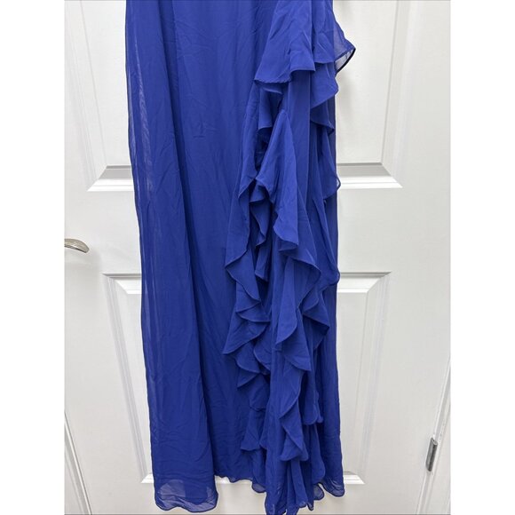 New Betsy Adam Womens Size 14 Blue Halter-Neck Ruffled Gown Maxi Cocktail Dress - Picture 5 of 12